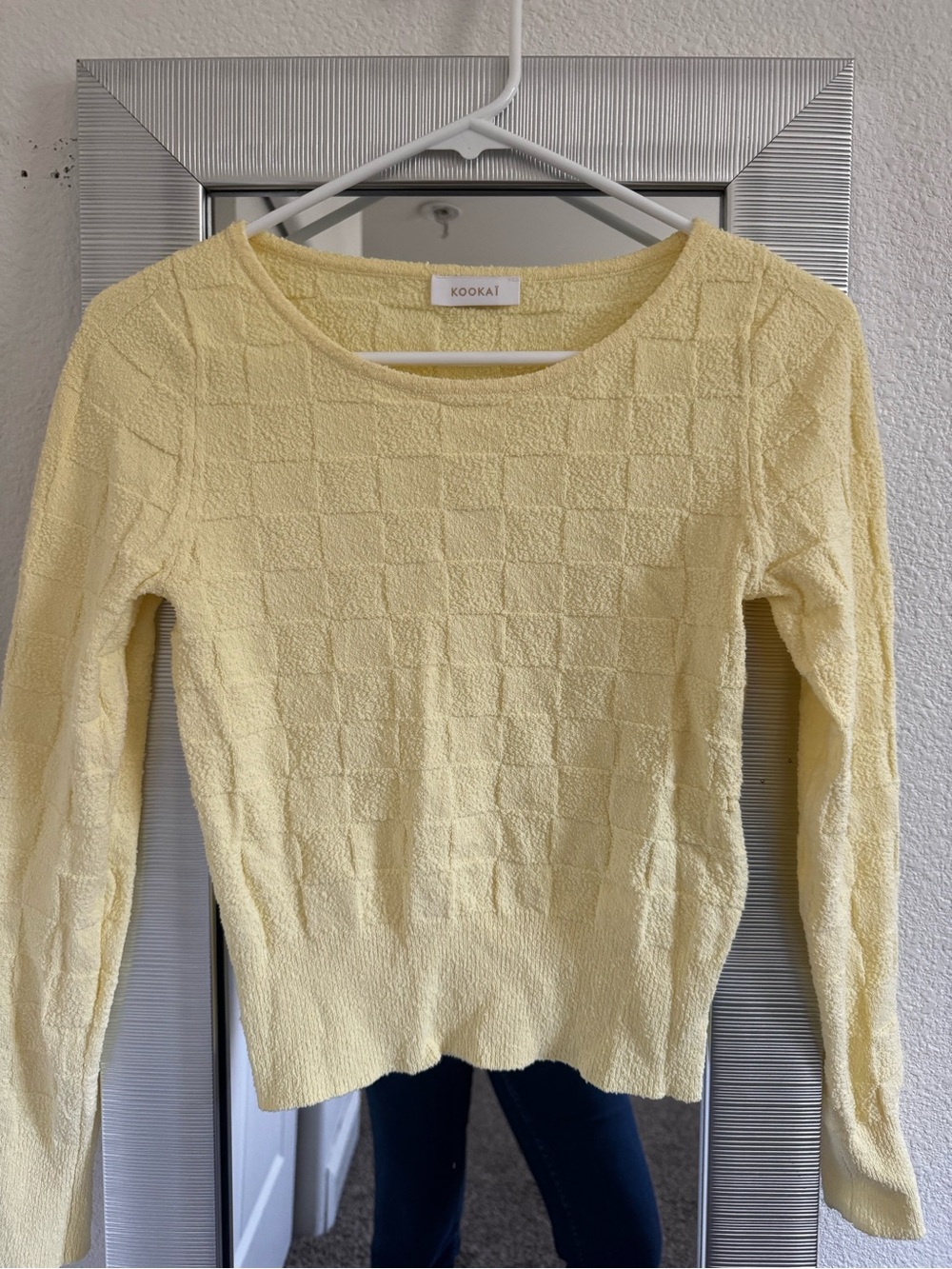 Kookai Soft Pastel Yellow Check-Textured Crew Sweater